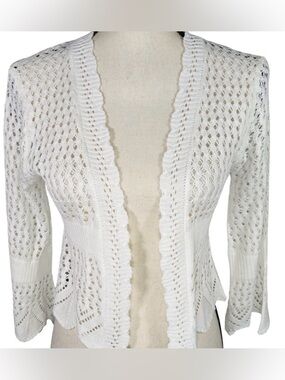 Sweet Kizz Open Front Cropped Knit Bell Sleeve Cardigan, Ivory, 3X